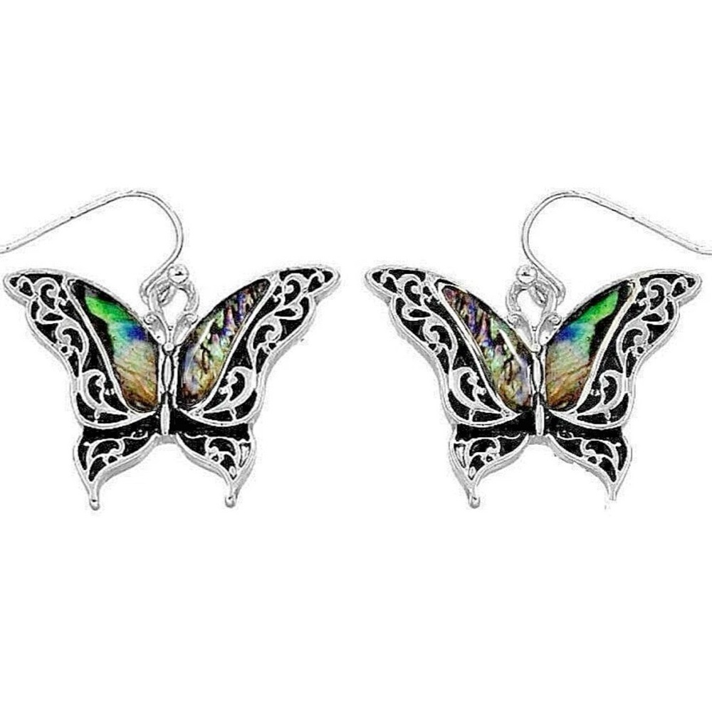 Silver Butterfly Earrings with Abalone Stone Accents